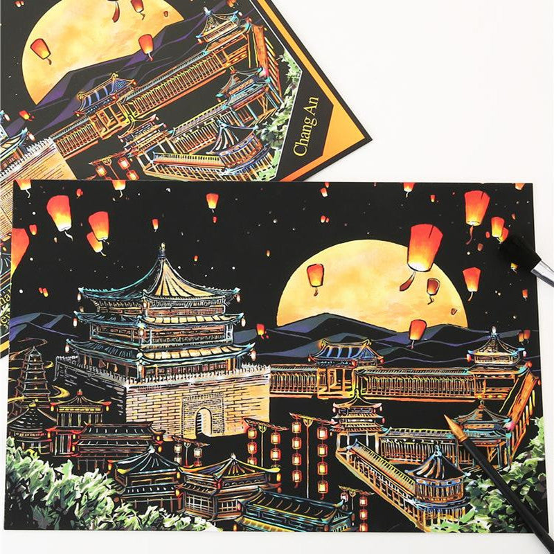 Creative Handmade Color City Night Scene Scraping Painting